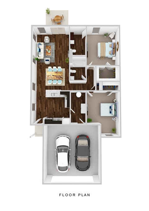 A floor plan of a house with a kitchen, living room, dining room, and two bedrooms.